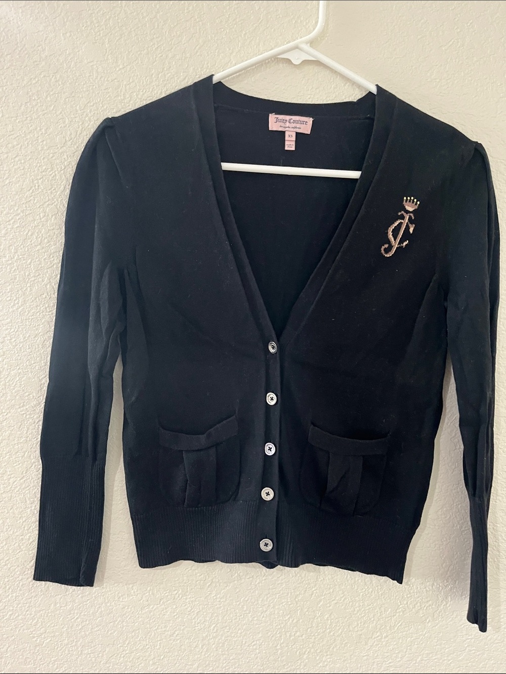 Juicy Couture Black V-Neck Buttoned Cardigan with Embroidered Crest